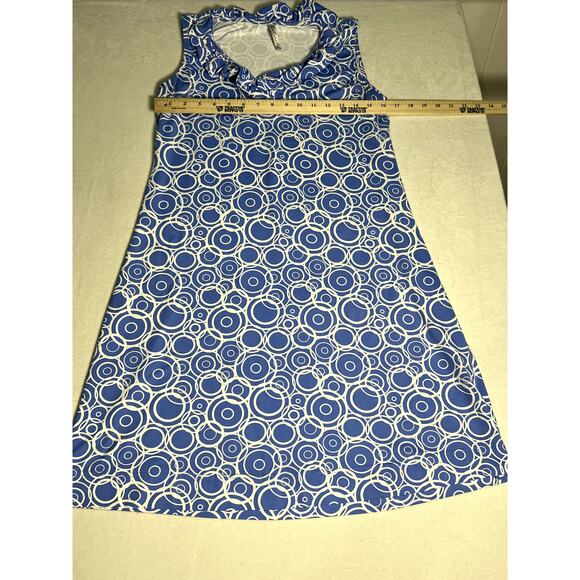 Lulu B Ruffle Geometric Circle Blue White Shift Dress UPF 50 Size Small - Picture 4 of 7